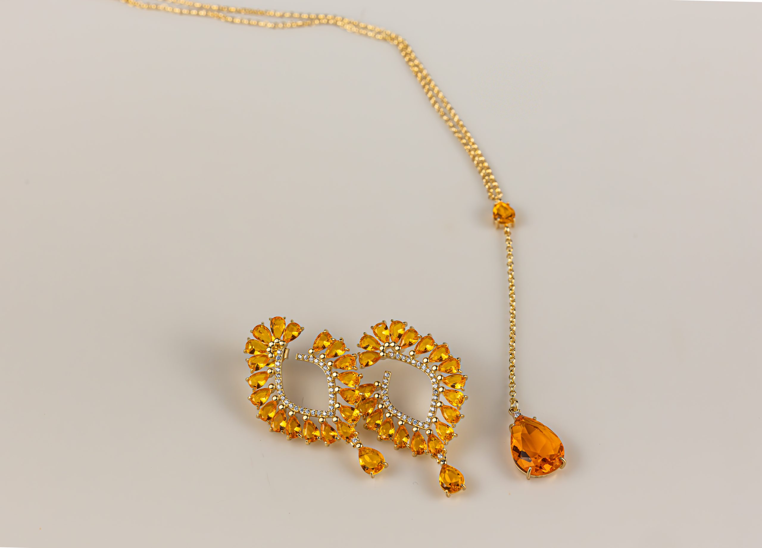 Conjunto de Semijoia c/ Banho Ouro 18K e Zircônias cor laranja