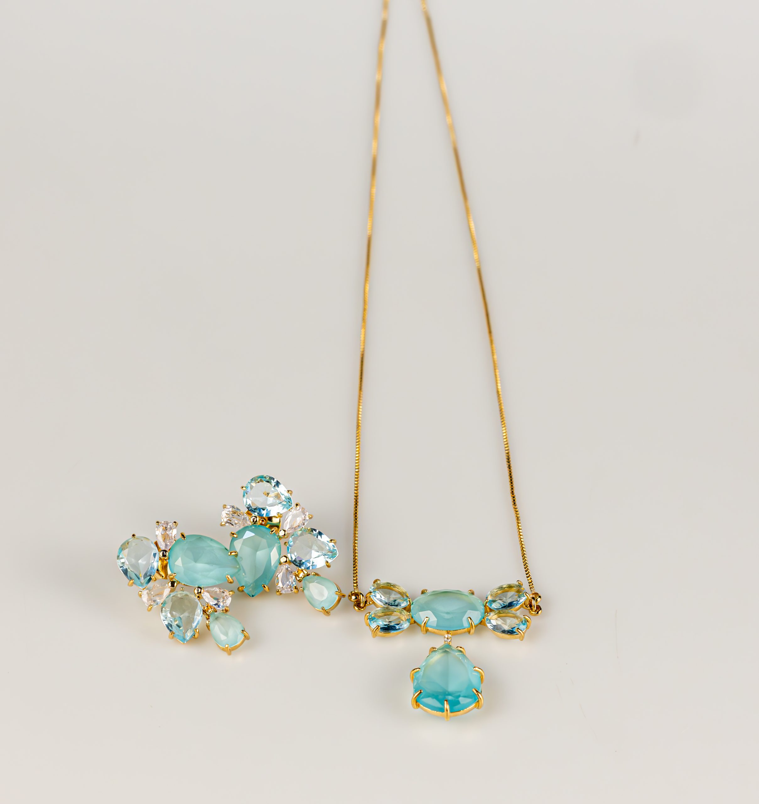 Conjunto Banhado Ouro 18k com Zircônia Azul